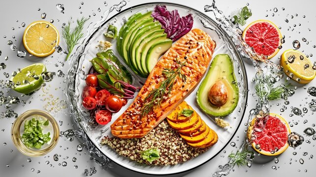 illustrated  plate divided into healthy eating portions, colorful vegetables, grilled salmon, avocado, concept of wellness