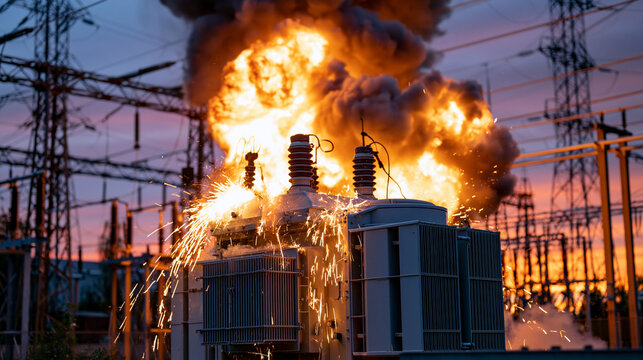Realistic electrical substation accident with a transformer bursting into flames at sunset, bright explosion, glowing smoke, high voltage infrastructure and transmission lines silhouetted against an