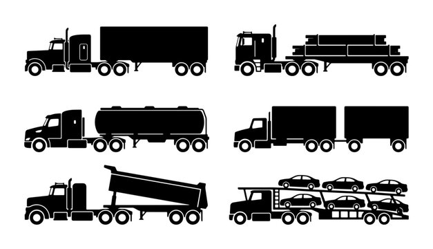 Diverse Truck Silhouettes: Semi, Tanker, Tipper, Car Carrier Vectors for Logistics & Transport