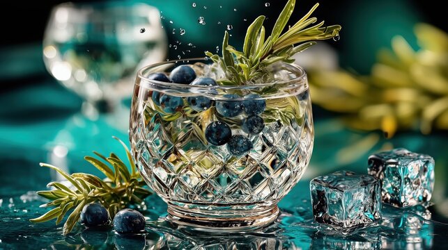 Luxury gin commercial photography, premium crystal gin glass with botanical gin