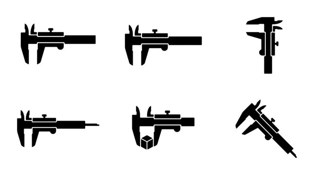 Caliper Icons Set, Precision Measurement Tools, Engineering and Technical Symbols, Vector Graphics