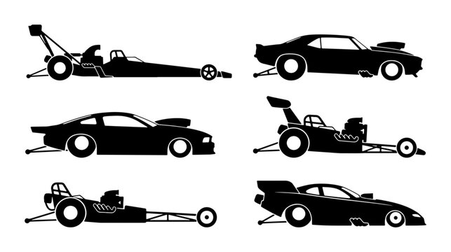 Drag Racing Cars Vector Silhouettes, Speed Machines Collection, Performance Vehicles Set