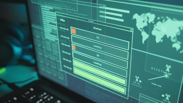 Close up on progress bars on laptop computer uploading and transferring files. Dark mysterious office desk with cyber activity sending documents and data to server. Hacking secured government archive