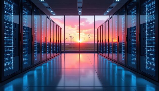 Modern server room interior with glass wall view of wind turbines during sunset. High tech computer hardware infrastructure rack cabinets align in pro data center facility. Renewable energy sources