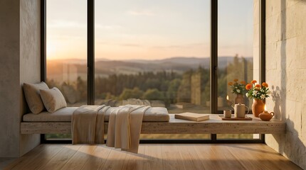 Obraz premium Serene window seat with mountain view at sunset