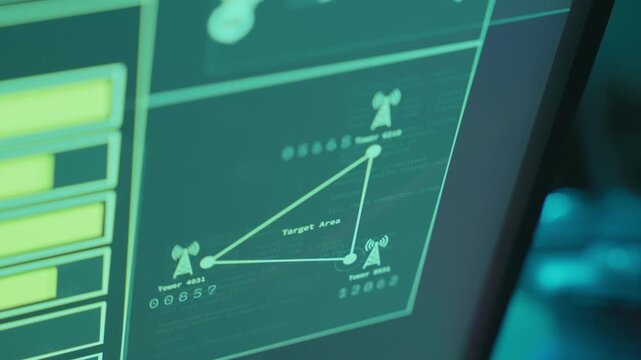 Close up on computer screen with cell towers connection and data collection. Communication towers and antennas receiving and sending signals using remote computer system by hacker or spy at night