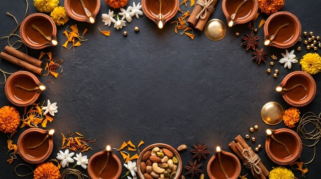 Diwali celebration arrangement with diyas flowers and festive treats