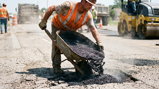 Construction worker pouring hot asphalt from a metal wheelbarrow into a deep pothole on road
