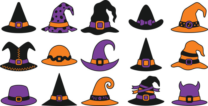 Collection of colorful halloween witch hats vector illustration on white background
