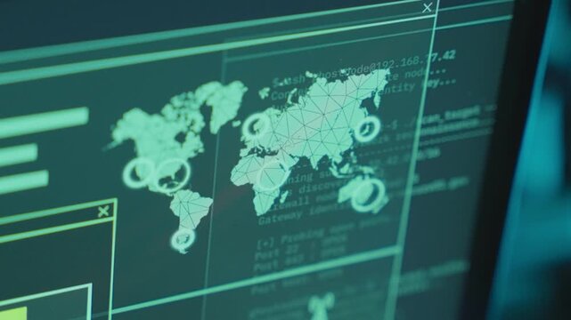 Computer screen with world map connection points and pins during hacking by spy. Government server or system being hacked and breached by hacking group. Connecting to various server points worldwide