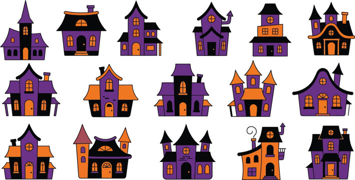 Colorful halloween haunted houses vector illustration with orange and purple tones