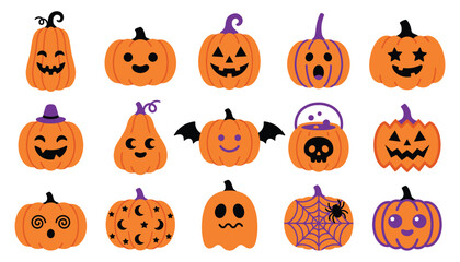 Fototapeta premium Collection of cute Halloween pumpkin icons with carved faces and festive accessories for seasonal design