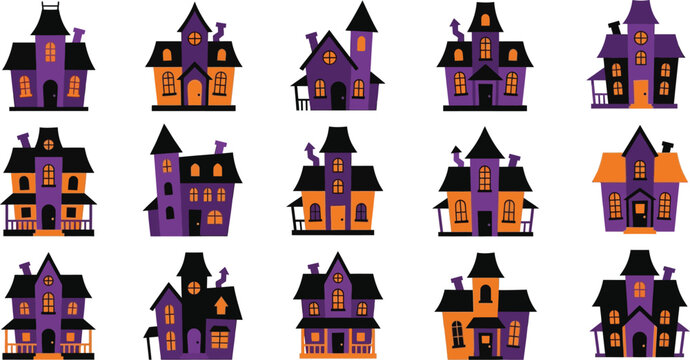 Colorful halloween haunted houses vector illustration on white background