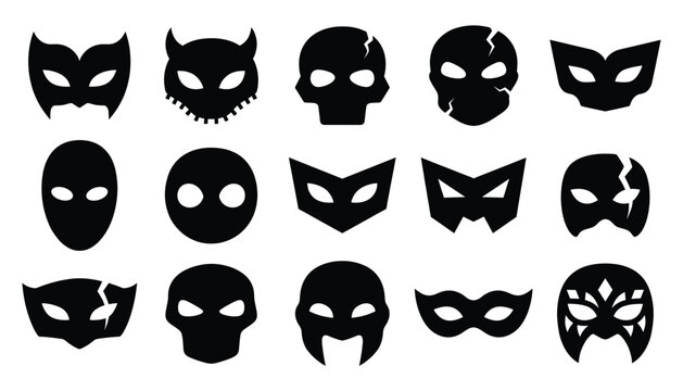 Collection of black superhero and masquerade masks icons in a simple vector style on white background