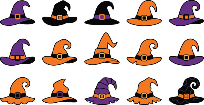Collection of colorful halloween witch hats vector illustration on white background