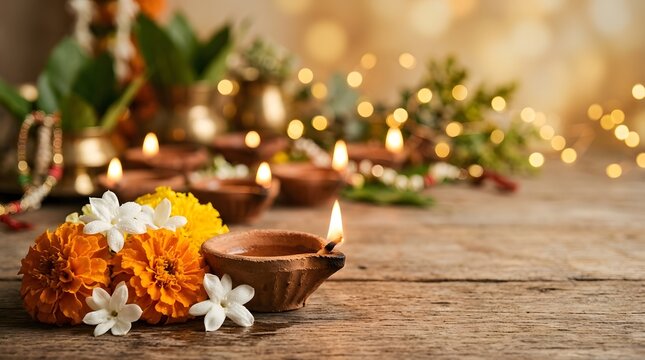Diwali celebration traditional clay lamps and marigold flowers on wooden surface