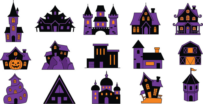 Halloween haunted houses and spooky buildings vector illustration set