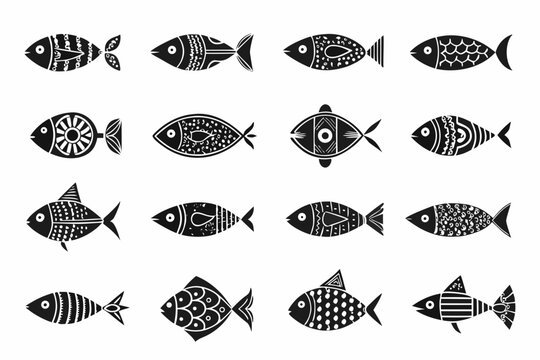 Black Fish Silhouettes With Tribal Ornamentation A Vector Illustration Set