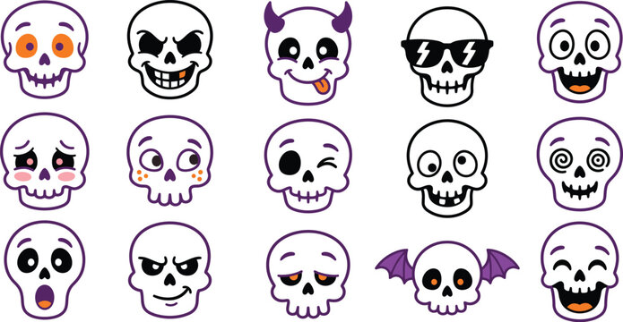 Colorful halloween skulls and spooky faces flat icons on a white background