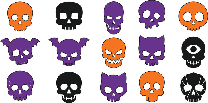Colorful halloween skulls and monster icons on a white background