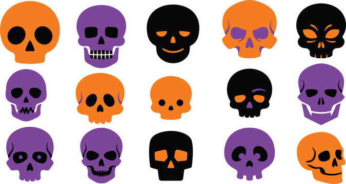 Halloween skulls collection colorful vector illustration on white background