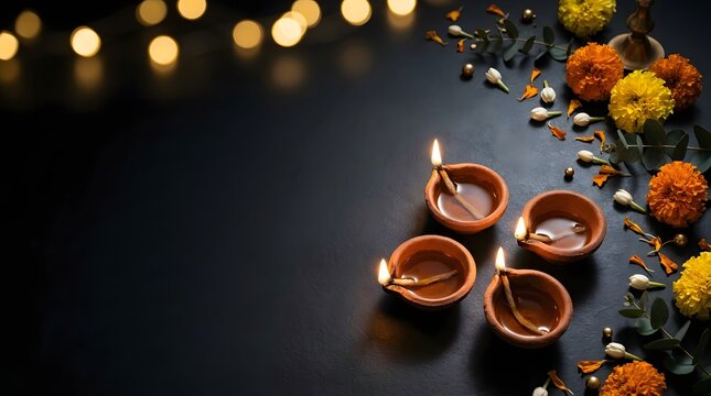 Diwali celebration with clay lamps and marigold flowers on dark background