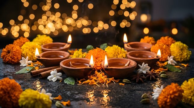 Diwali celebration lit clay lamps with marigolds and spices