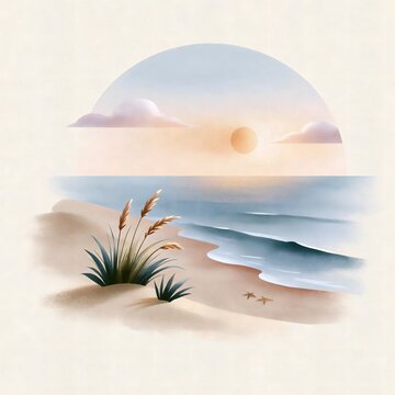 Minimalist boho beach sunset illustration in circle frame with ocean waves sand dunes grass and starfish watercolor poster