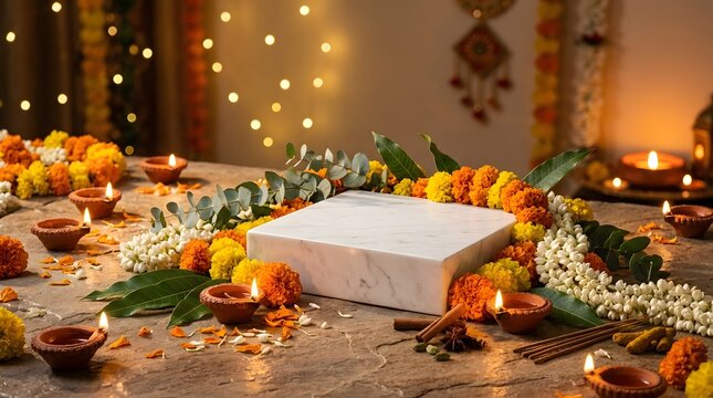 Diwali celebration mockup marble slab with traditional indian decorations and lighting