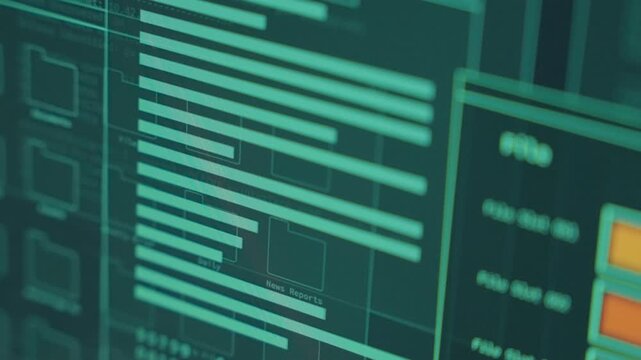 Computer screen close up as files and data are uploading or transferring. Spy breaching system or hacker remote controlling government server stealing information sending files. Modern tech graphics