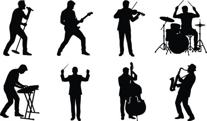 Musicians and band performers black silhouette vector illustration graphic icon set © MdShoriful