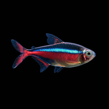 Neon tetra fish swimming on black background