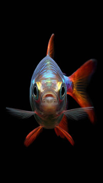 Small neon tetra fish looking forward on black background