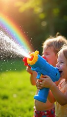 Obraz premium Happy children play with water guns in green park yard. Smiling friends shoot liquid streams during sunny day outdoors. Splashing moisture creates colorful optical rainbow effect in air. Young kids