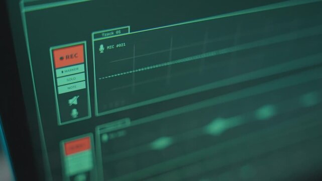 Close up laptop screen recording audio with professional software in dark room. Hacker or spy wiretapping to conversation during covert investigation or secret surveillance operation. Music or podcast