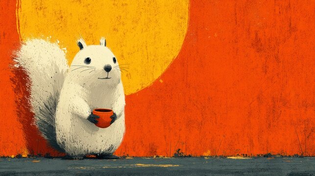 Whimsical illustration of a white squirrel holding a small, brown cup in front of an orange background