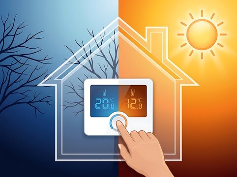 Thermostat controls temperature inside a house to maintain comfort during seasonal weather changes.