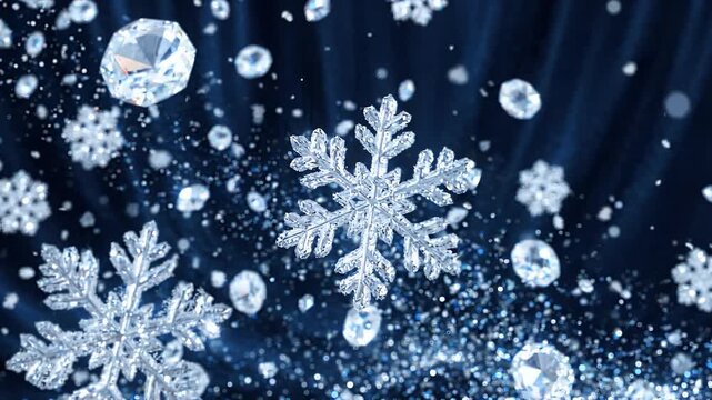 Luxury Diamonds and Crystal Snowflakes Falling on Dark Blue. Premium winter abstract background featuring shiny faceted diamonds and crystal snowflakes falling against dark blue velvet cloth.