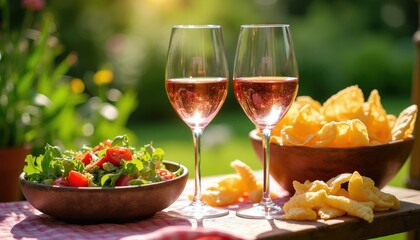 Obraz premium Two glasses of rose wine sit near salad and chips on a table. Sunlight filters through green garden plants. Refreshing drinks and snacks for outdoor relaxation and social gatherings are ready.