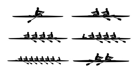 Rowing Silhouettes: Single Scull, Double Scull, Quad Scull, Eight Oars, Vector Icons for Sport © Priya