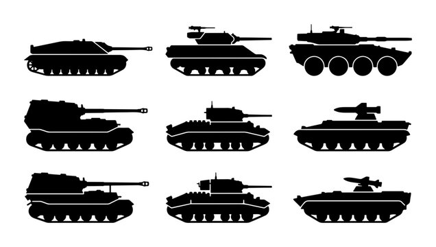 Military Tank Silhouettes Collection, Armored Vehicle Icons, Combat Machine Set, War Equipment Graphics