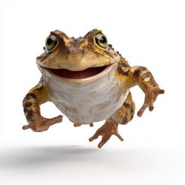 Funny frog jumping forward on white background