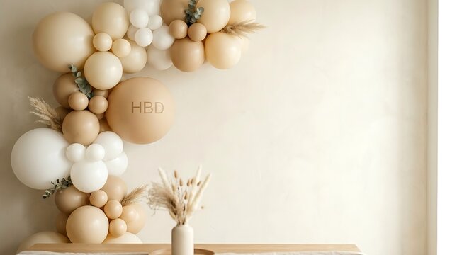 Boho balloon arch with HBD text, elegant cream and beige balloon garland for birthday celebration, minimalist party backdrop with pampas grass