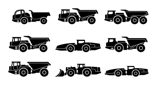 Heavy Duty Construction Vehicles Set, Mining Trucks & Loaders Icons, Industrial Transport Vector Graphics