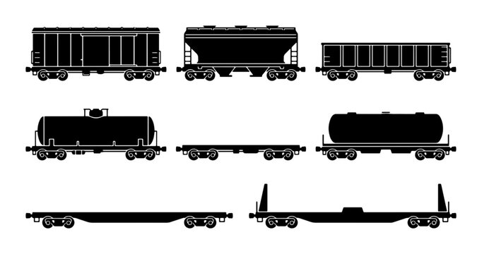 Diverse Freight Train Cars Collection, Industrial Railway Wagons, Cargo Transportation Vector Set