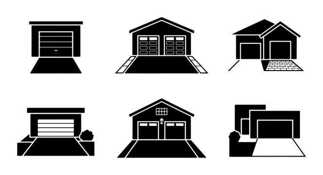 Garage Icons Set, Residential Building Facades, Car Storage Architecture, Modern Home Exterior Vector Graphics