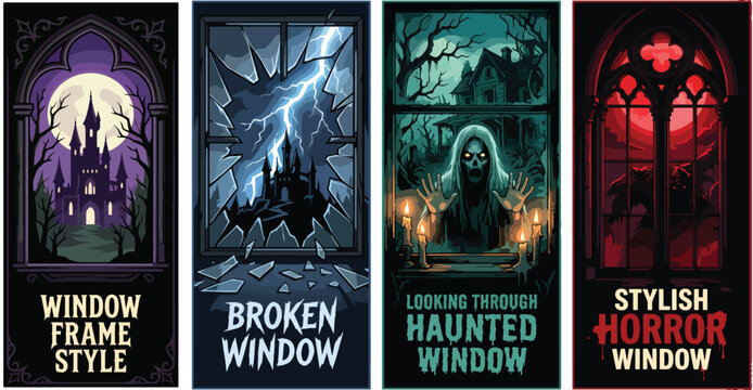 Haunted window vector set, spooky Halloween horror frames, gothic broken glass, scary monster silhouettes, eerie castle scenes