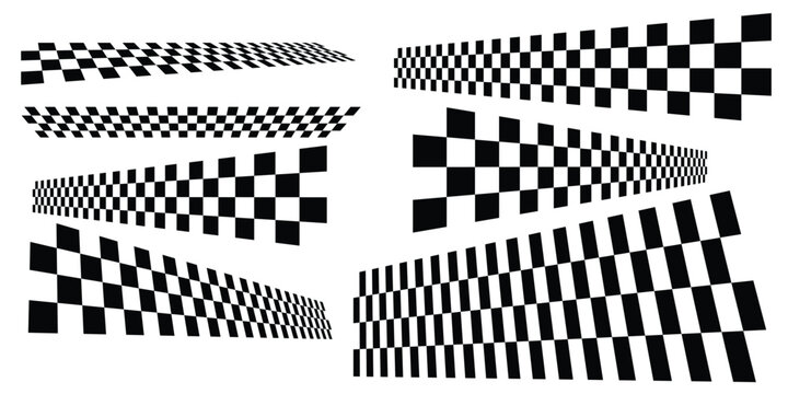 Abstract checkered flag elements in perspective for racing designs or visual effects.