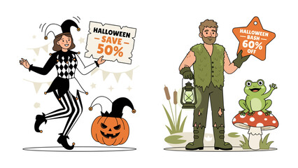 Halloween Celebration and Sale: A whimsical jester character holding a Halloween Save 50% sign stands next to a carved pumpkin. © Azizun