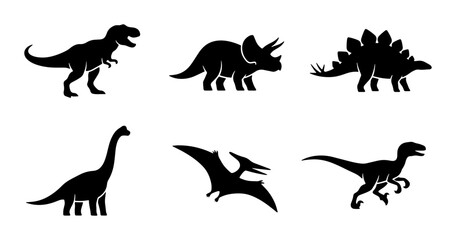 Dinosaur Silhouettes Collection: Tyrannosaurus, Triceratops, Stegosaurus, Brontosaurus, Pterodactyl, Raptor Icons © Kabita